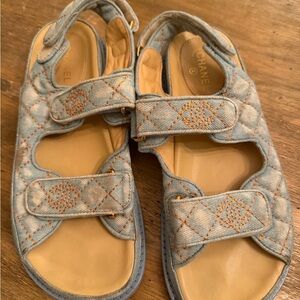 CHANEL CC Quilted Sandals in Light Blue and Beige denim gold